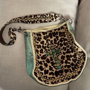 Leopard Print on Cowhide Shoulder Bag with Genuine Turquoise Cross & Rhinestones